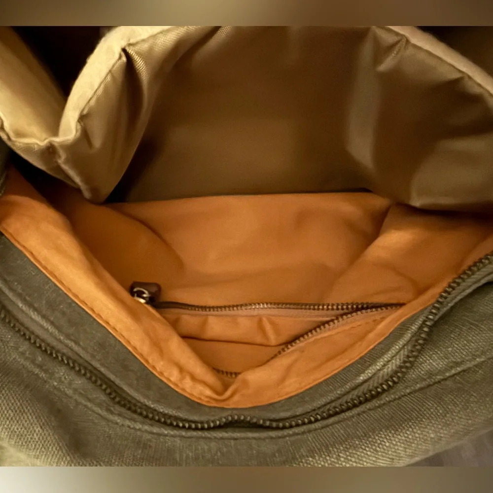 Military Green Canvas Crossbody Bag with Brown Leather Straps - Picture 9 of 11